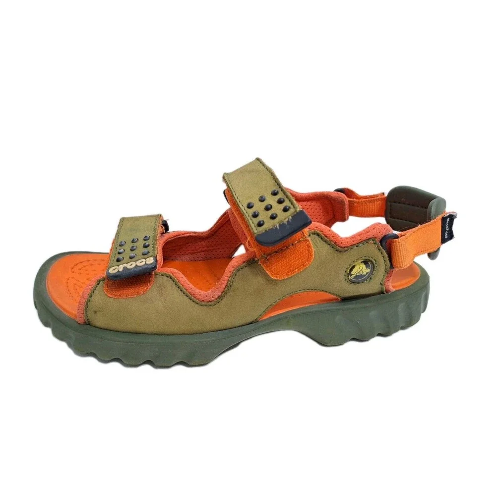 Crocs Tikali Mens 12 Suede Slip On Adjustable Sandals Trail Orange Green Straps